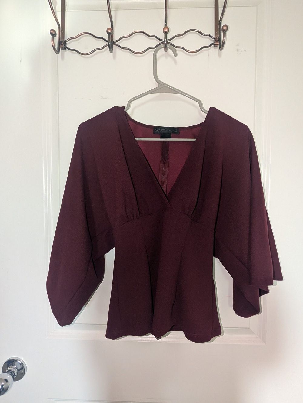 La Femme En Noir Maroon Purple Flutter Sleeve Zipper Bauhaus Blouse In Oxblood